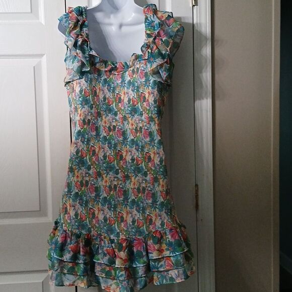 ASTR The Label Green Pink Blue Floral Smocked Dress Flutter Sleeve Sz XL NWOT - Picture 4 of 7
